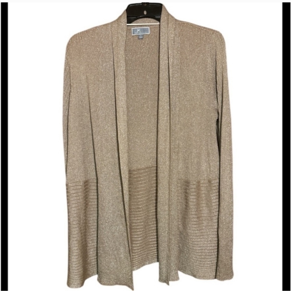 JM collections, metallic gold sparkle, tan open front cardigan size larg...